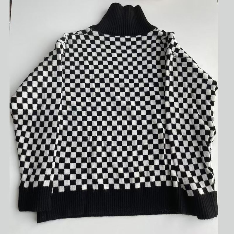 

European and American Autumn and Winter New Loose Knitting Color Matching Plaid Sweater High Neck Checked Sweater Black All yards