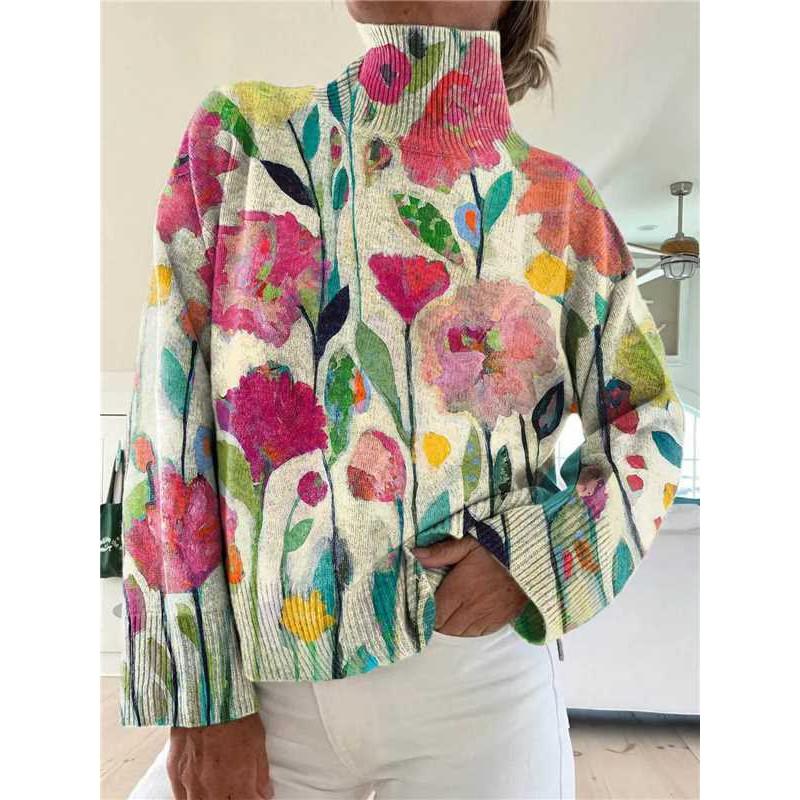 Womens Christmas Print High Neck Sweater Loose Fit Casual Long Sleeve Top
