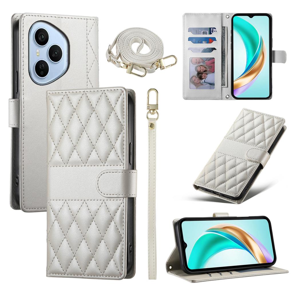 For Honor 400 Pro 5G (Global) Case Rhombus Stitching Wallet Stand Leather Phone Cover with Long/Short Strap