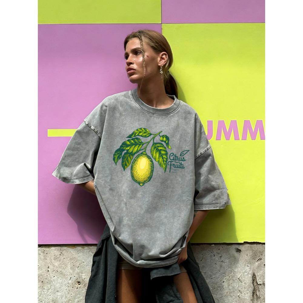 

Organic Fruits Lemons Print Washed T Shirt Woman Summer Hip Hop T-Shirts Cotton Loose Clothes Breathable Y2K Short Sleeve 3XL