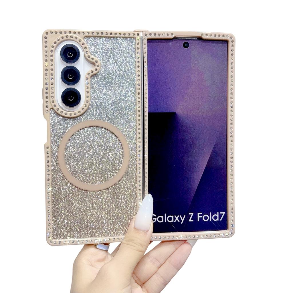 Fashion Glitter Inlaid Diamond Magnetic Phone Case For Samsung Galaxy Z Fold 7 6 5 4 3 Crystal lanyard Shockproof Slim Cover
