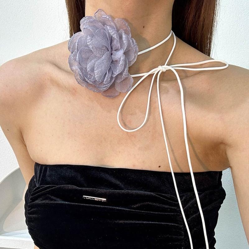 Vintage Big Flower Choker Necklace for Women Gifts Elegant Lace-up Rope Chain Necklace Fashion Jewelry Accessories