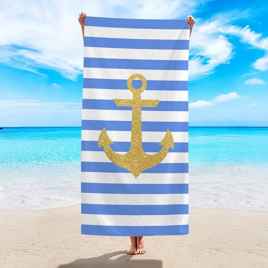 Nautical Anchor Beach Towel 2D Flat Printed Peach Skin Striped Soft Bath Towel Gold Pattern Decorative Towel For Vacation Travel