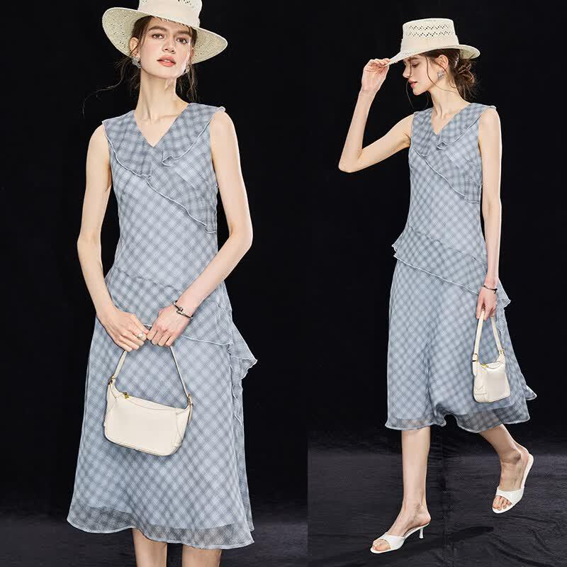 Women s French Style Plaid Ruffle Sleeveless V-Neck Dress M
