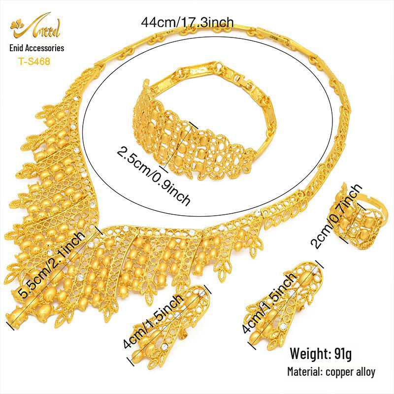 Indian Dubai Sand Gold Jewelry Set: Necklace, Bracelet, Ring & Earrings for Bridal Wedding.