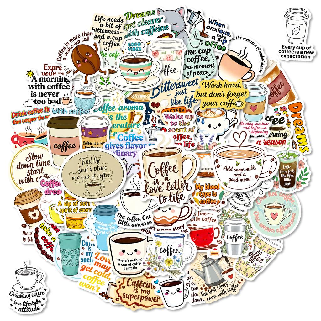 56 Kaffee Text Graffiti Aufkleber Kaffeeliebhaber Notizbuch Wasserbecher Handkonto Dekorationsaufkleber