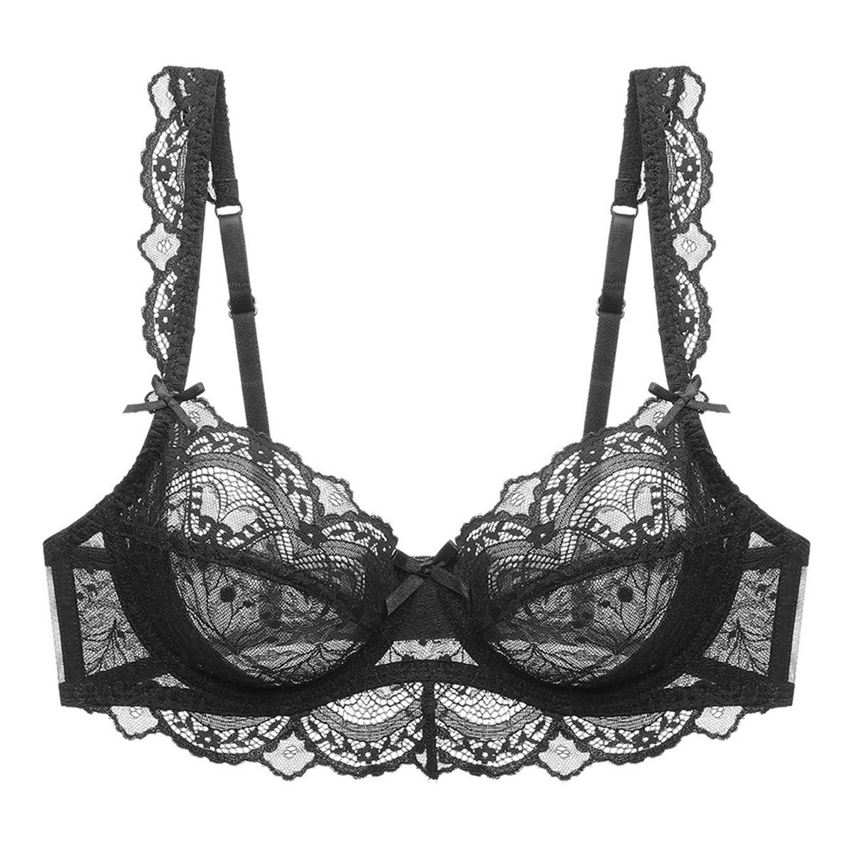 

European American Sexy Lingerie: Transparent Plus Size Ultra-Thin No Sponge Lace Bra - Minimizes Large Bust, Anti-Sagging 90D чорний