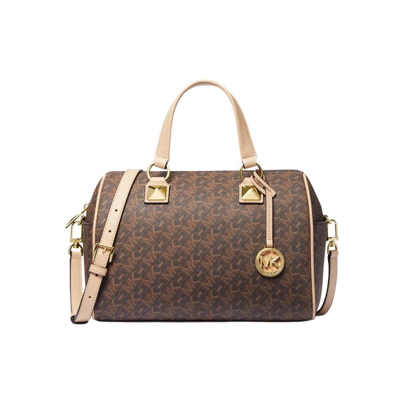 MICHAEL KORS Grayson embellished circular logo zipper closure, artificial leather, one-shoulder crossbody handbag, medium, women s, dark brown коричневый