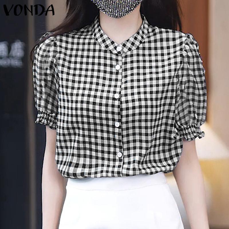 

VONDA Женская повседневная свободная блузка в клетку с коротким рукавом и воротником-стойкой M синий