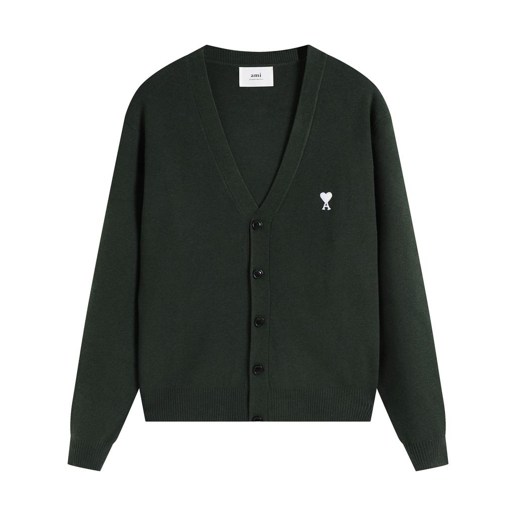 AMI Jesień i Zima Męski Nowy Małe Białe Serce Mieszanka Wełny Alpaki Miękki i Przyjemny Dzianinowy Kardigan Okrągły Dekolt Sweter Chmurka Kieszeń Płaszcz