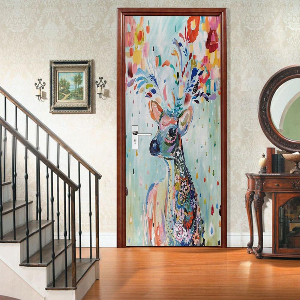 3D Door Mural Sticker Peel and Stick Door Wallpaper Golden Buddha Castle Moon Mermaid Flower Home Decor Removable