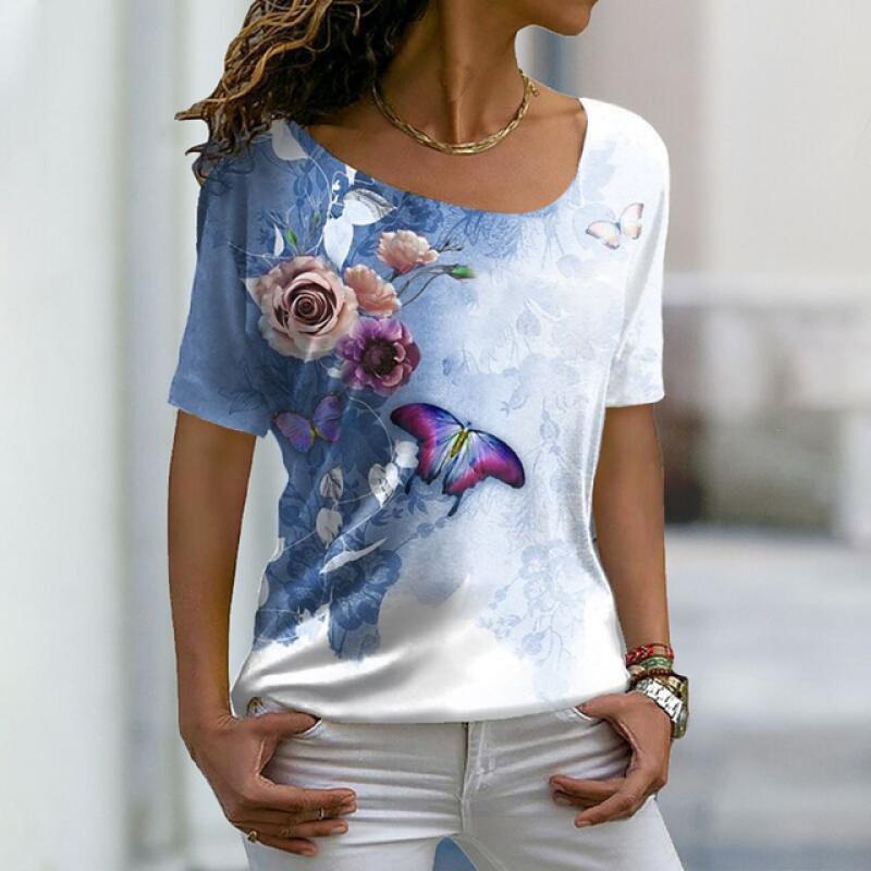 Summer Women T Shirt Casual Fashion T-shirt Female Color Flower Print Short Sleeve Top Vintage Oversized Tees Kawaii Clothes New
