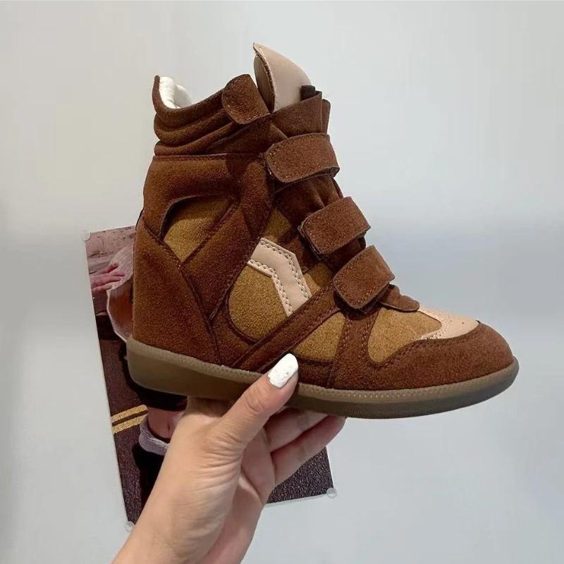 Damskie Botki Skóra Naturalna 8CM Ukryty Obcas Damskie Trampki na Platformie Modny Design Łączonych Kolorów Damskie Buty 39 black
