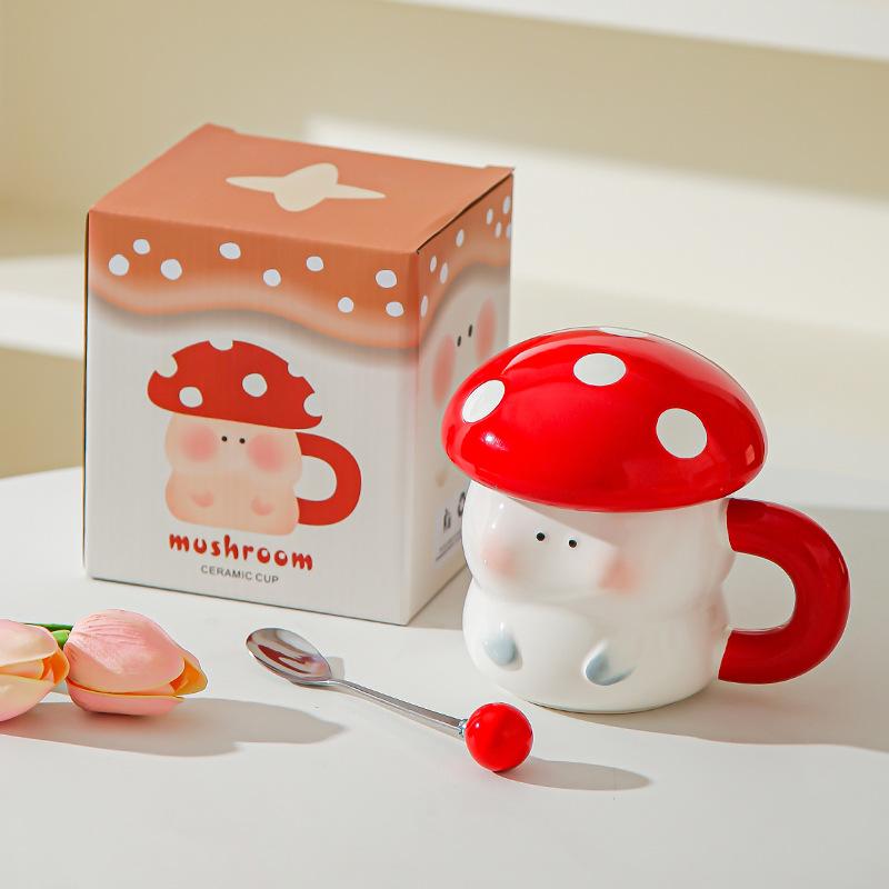 Girl's heart cartoon cute mushroom ceramic cup with lid souvenir high value creative ceramic mug coffee cup