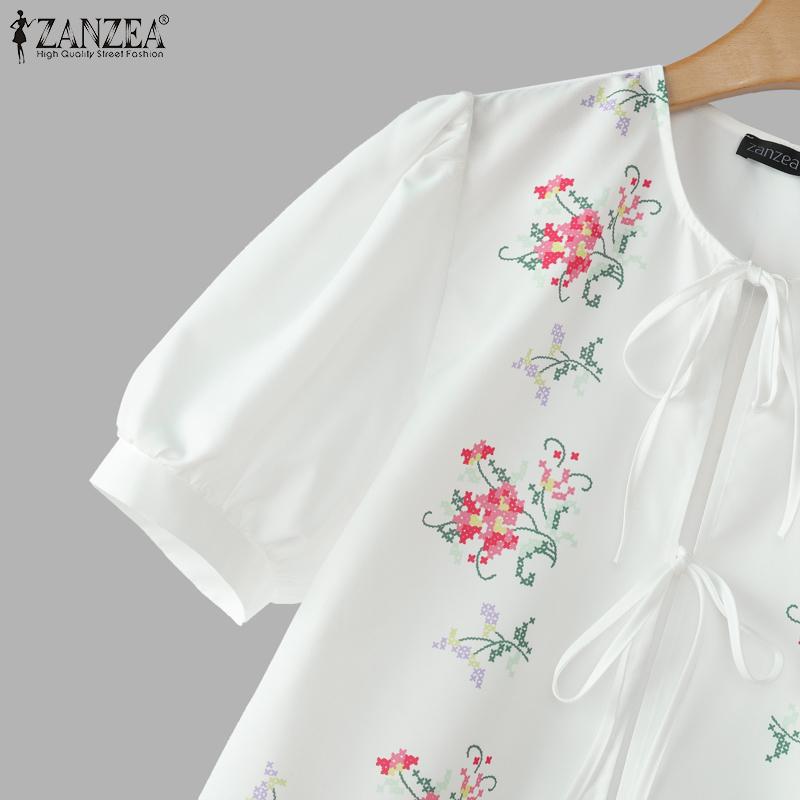 ZANZEA Women Casual Short Sleeve Floral Print Lace Up Cover Up Blouse