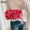 Plush Makeup Bags with Handle Soft Travel Cosmetic Storage Bag Portable Love Print Organizer Pencil Case Cute Clutch Pouch