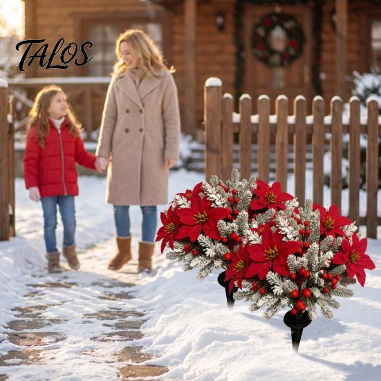 Red Poinsettia Stakes 17Pcs Christmas Stems, Artificial with Frosted Pine Branches Reusable Holiday Floral Berries, Faux Winter Picks for Outdoor Yard
