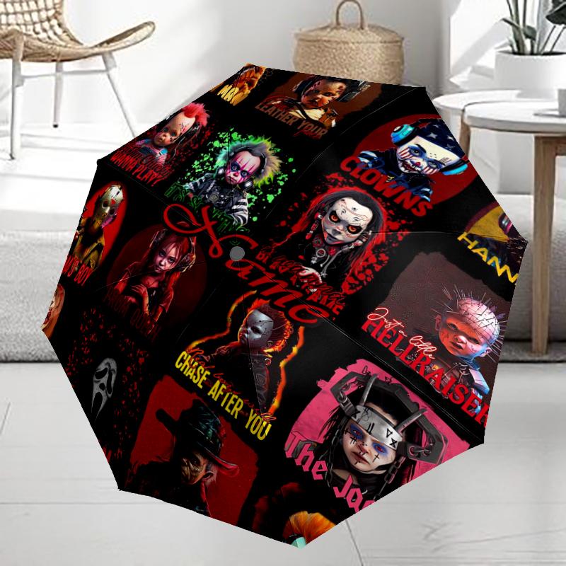 Custom Name Halloween horror Theme Automatic Umbrella, Lightweight & Portable, 8 Rib, Perfect for Outdoor Travel, Birthdays, Christmas, Gifts.