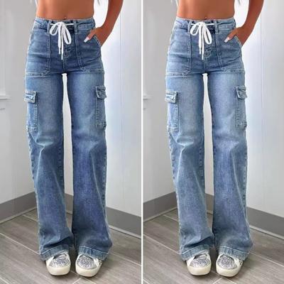 Women Mid Waisted Cargo Jeans Straight Wide Leg Denim Pants