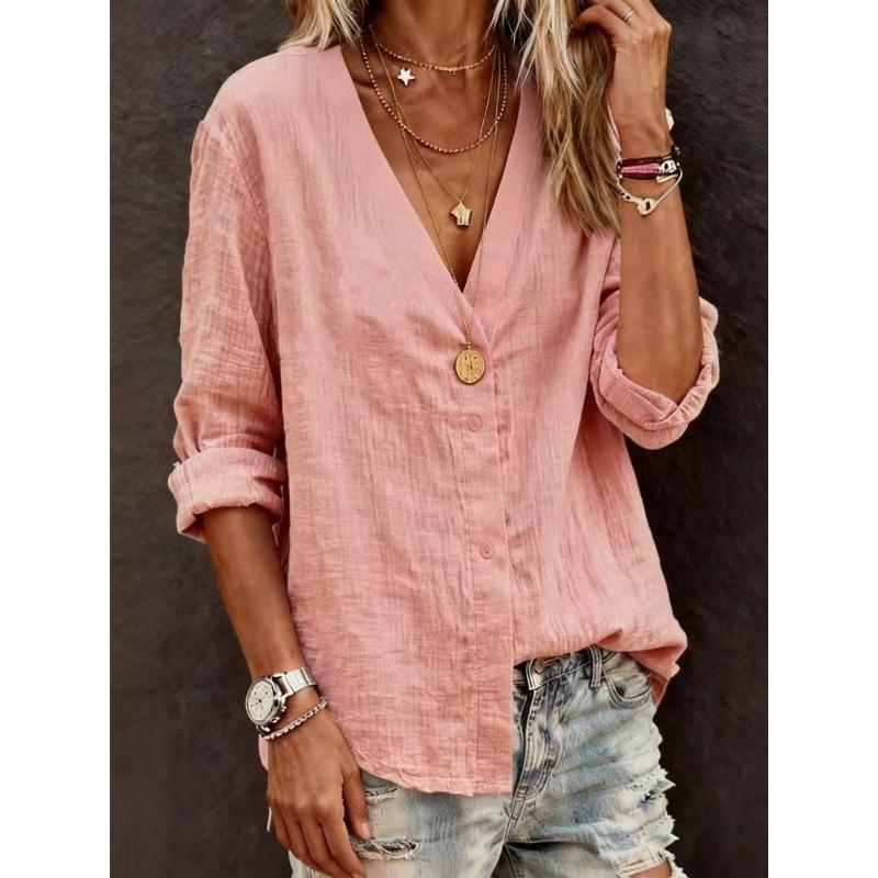 QICED Women's Fashion Casual Solid Color Print Long Sleeve  V Neck Blouses & Shirts