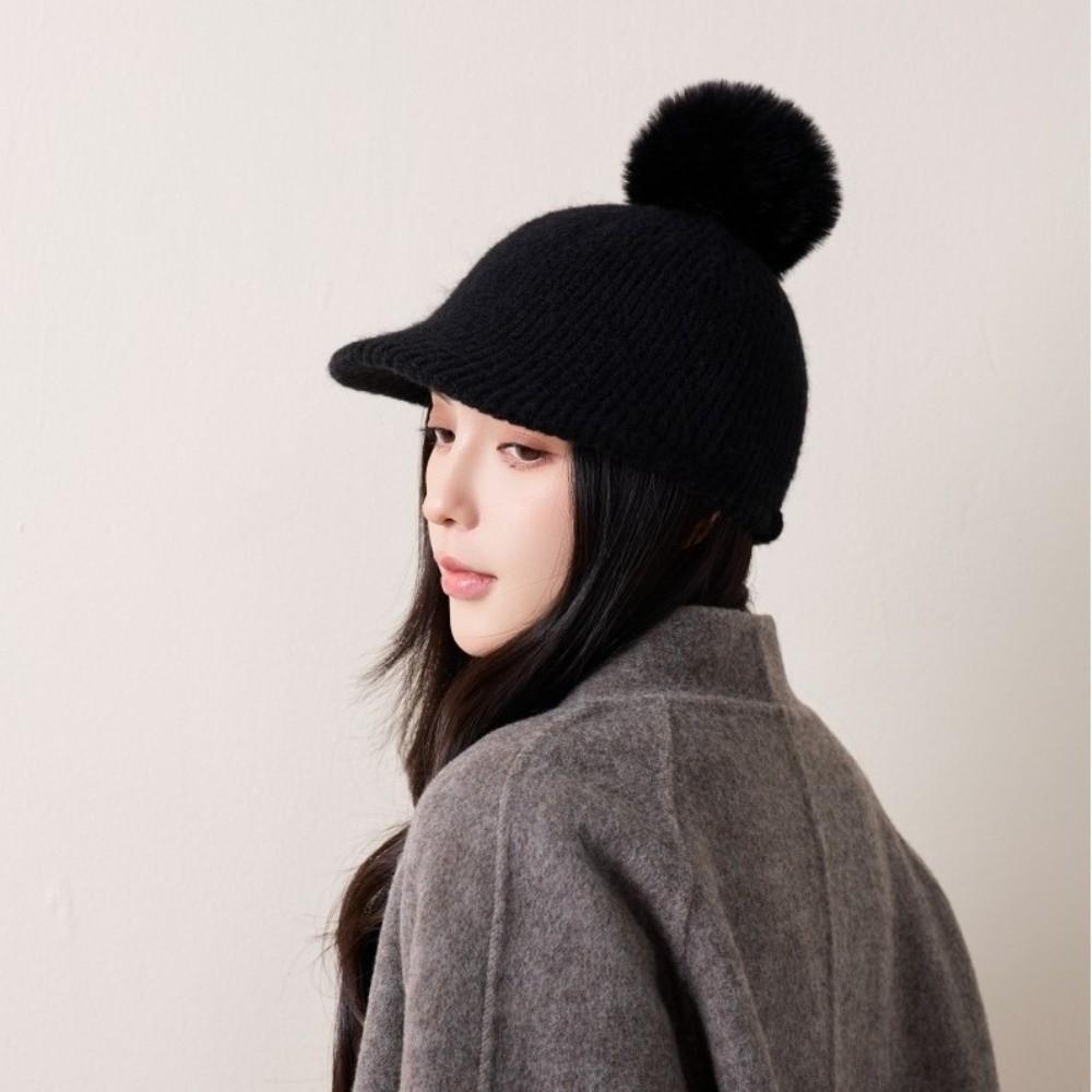 Solid Color Warm Wool Cap Thermal Ear Protection Hat Cute Pompom Plush Beanie Winter