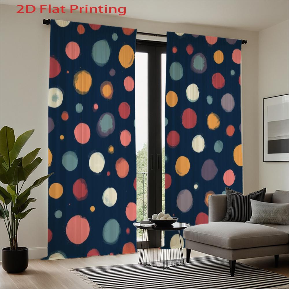 2pcs Modern Window Curtains - Semi-Sheer Light Filtering Privacy Drapes with Dark Blue Background & Multicolor Dot Pattern