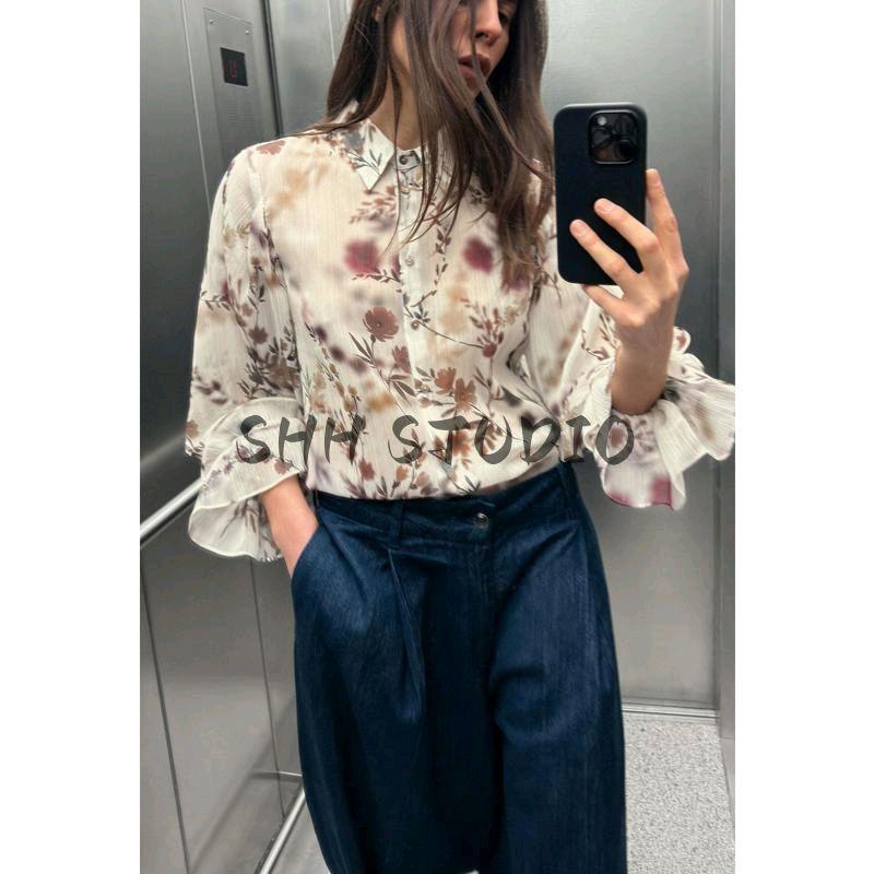 Spring New Women's Clothing Retro Style Metal Color Thread Print Fashion Lapel Long Sleeve Shirt 2522142