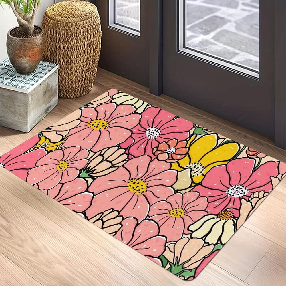 Floral Print Welcome Doormat Non-Slip Machine Washable Carpet for Living Room Bedroom Bathroom Kitchen Laundry Rug