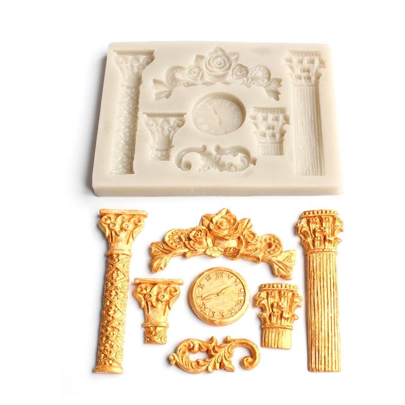 Moule à gâteau en silicone Piliers romains 3D Outils de décoration de gâteau fondant Sugarcraft Horloge Fleur Chocolat Pâte à sucre