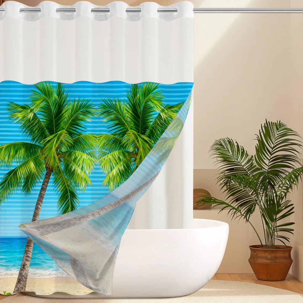 No Hook Beach Coconut Tree Shower Curtain With Snap-In Fabric Liner, Sheer Top Window, Waterproof Double Layer Bathtub Curtain