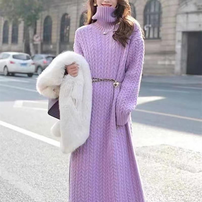 Ayollar kuz va qish yangi bo'sh va dangasa pastki trikotaj ko'ylagi ichida uzun ko'ylak bilan burama moda turtleneck sviter