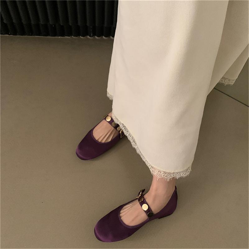 IPPEUM Ballet Flats Women Purple Satin Round Toe Mary Jane Shoes Buckle Silver Ballerina Flats
