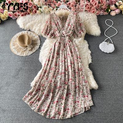 Women's Fashion Summer Spring Flower Pattern Print Short Sleeve V-Neck High Waist Casual Dresses