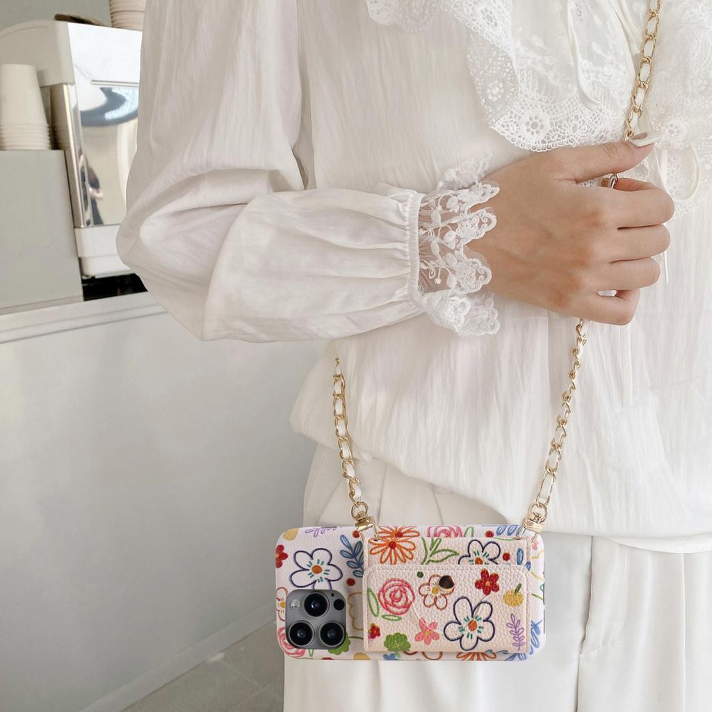 Chic Simple Floral Pattern PU Leather Case for iPhone 16e 11 12 13 14 15 Pro Max Plus Long Lanyard Mirror Card Holder