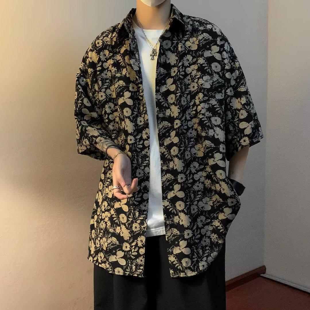 

Мужская повседневная рубашка в стиле ретро в стиле Гонконг с темным цветочным принтом XXL чёрный