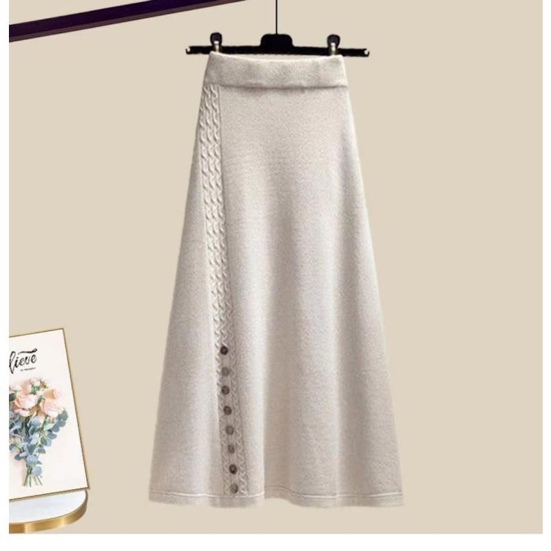 Zweiteiliges Set im koreanischen Stil für Frauen, grüne Pulloverjacke und Rock, Winteroutfit