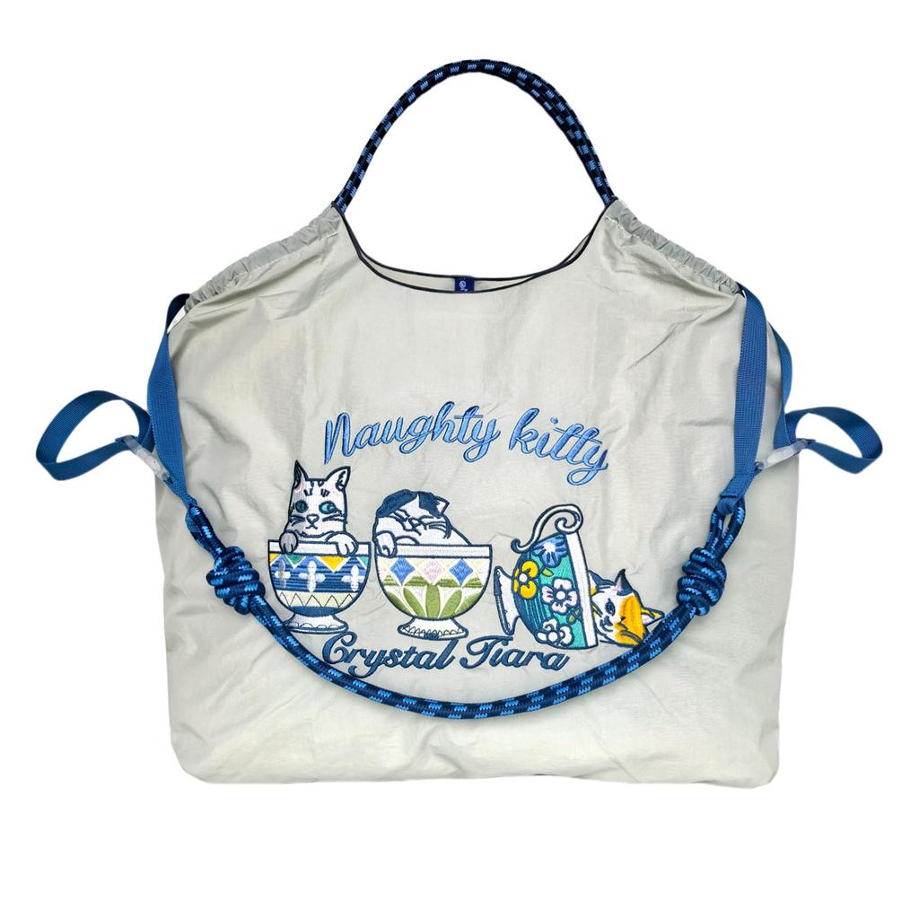 Size Embroidered Eco Nylon with Shoulder Can Be Carried As a Shoulder Bag or Crossbody Waterproof and Large Ball and Chain Attachment Teacup