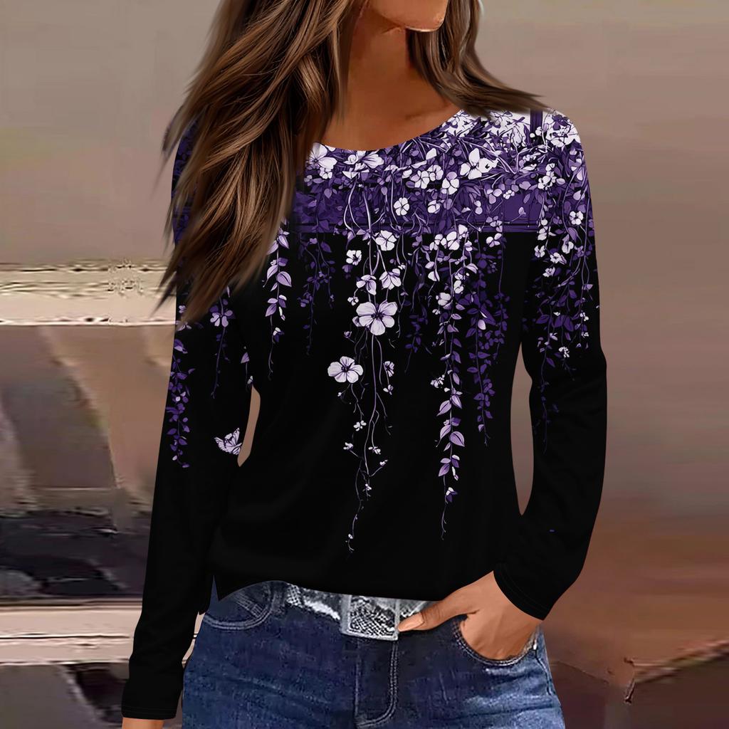 Women's Fashion Casual Slit Hem Round Neck Long Sleeve Loose Printed T-Shirt Ladies Top Christmas