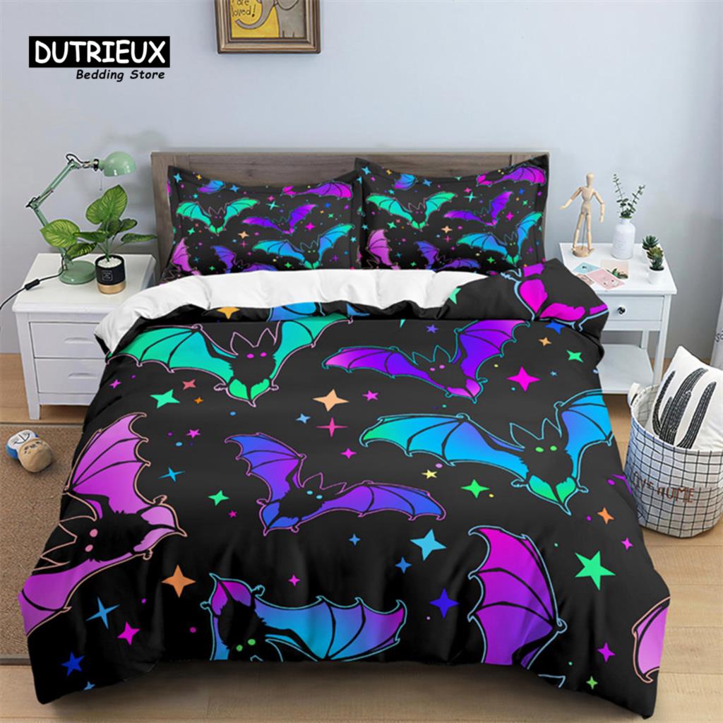 Skull Bedding Set Halloween Bats Duvet Cover King Size Microfiber Pumpkin Skeleton Print Comforter Cover With Pillowcases Decor