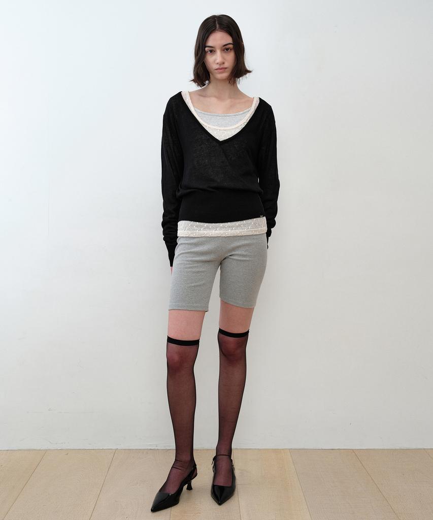 Simeteuligpeosenteu Deep V-Neck Sheer Knit Top / Black