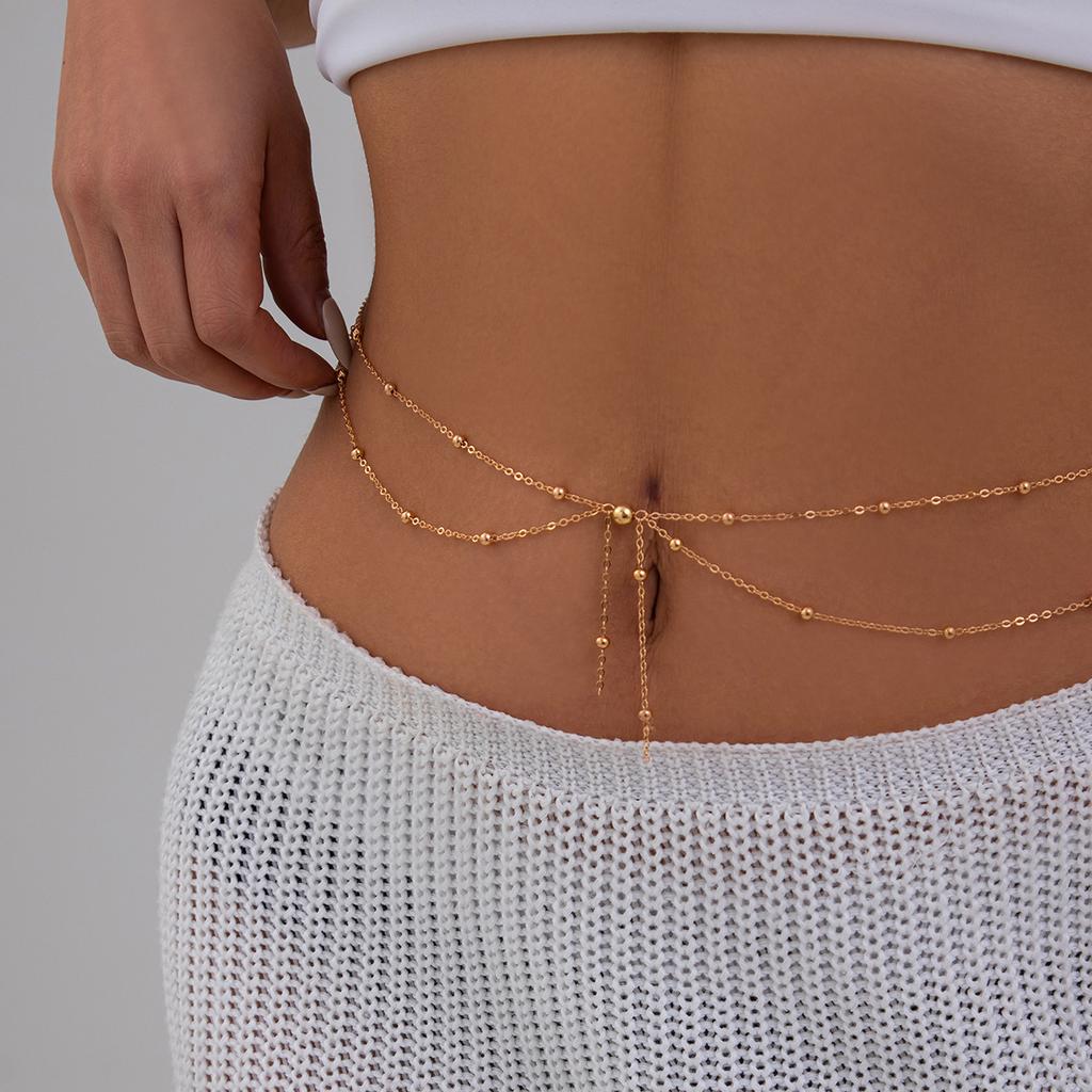 Sexy Spice Girl Metal Thin Chain Stacked Waist Chain, Fashion Round Bead Chain Waist Chain