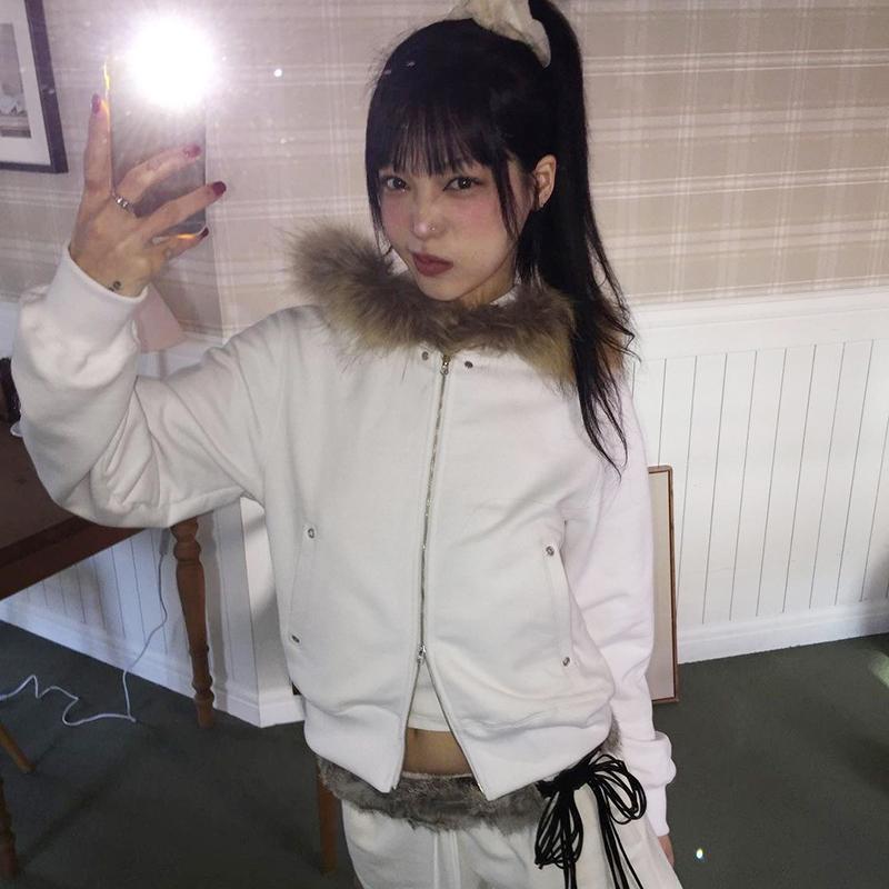 

Японская шуба из меха для женщин в винтажном корейском стиле, черная куртка с капюшоном, эстетика, меховой воротник, пальто на молнии, тонкое XL белый