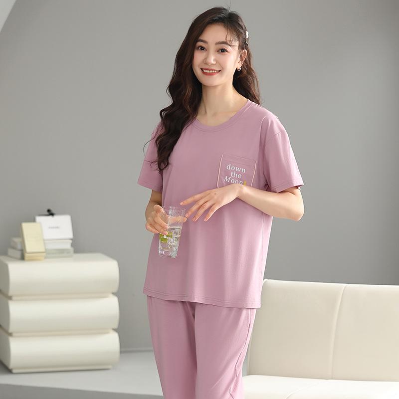Pajamas with chest pads Women's summer thin Modal short-sleeved cropped pants Middle-aged mother loungewear cool suit