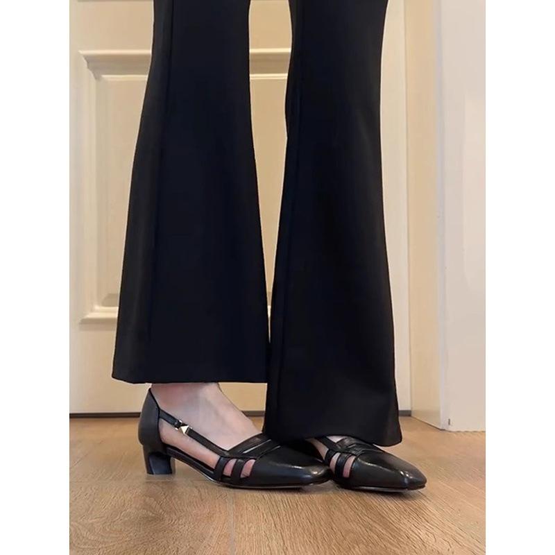 Sheepskin version~ retro hollow shallow mouth breathable sandals women's one-pedal literary and artistic style low-heeled leather single shoes summer