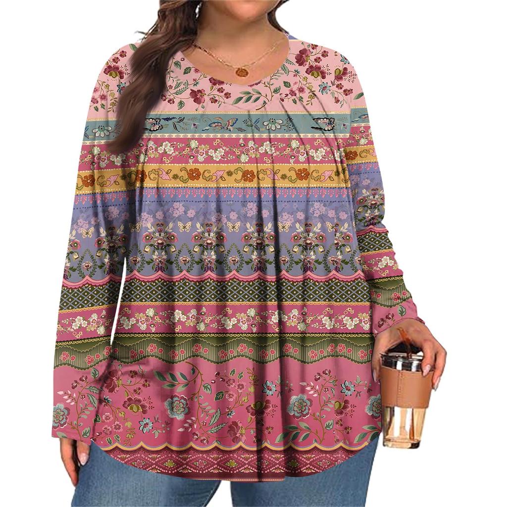 Women's Plus Size Fashion  Printed Casual Pleated Round Neck Long Sleeve Top