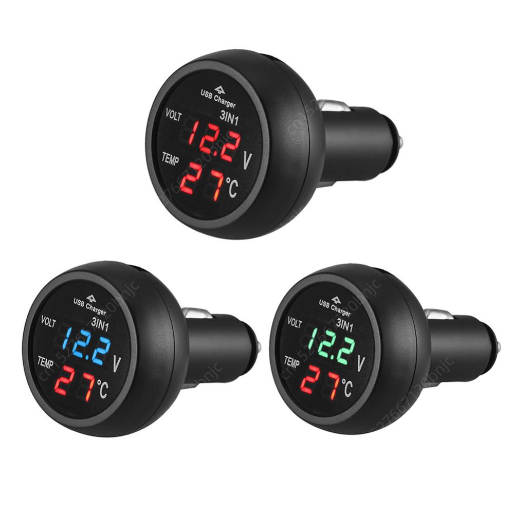 3 In 1 12/24V Car Volt Meter Auto LED Digital Voltmeter Gauge+Thermometer+USB Charger Current Meter Volt Detector Thermometer