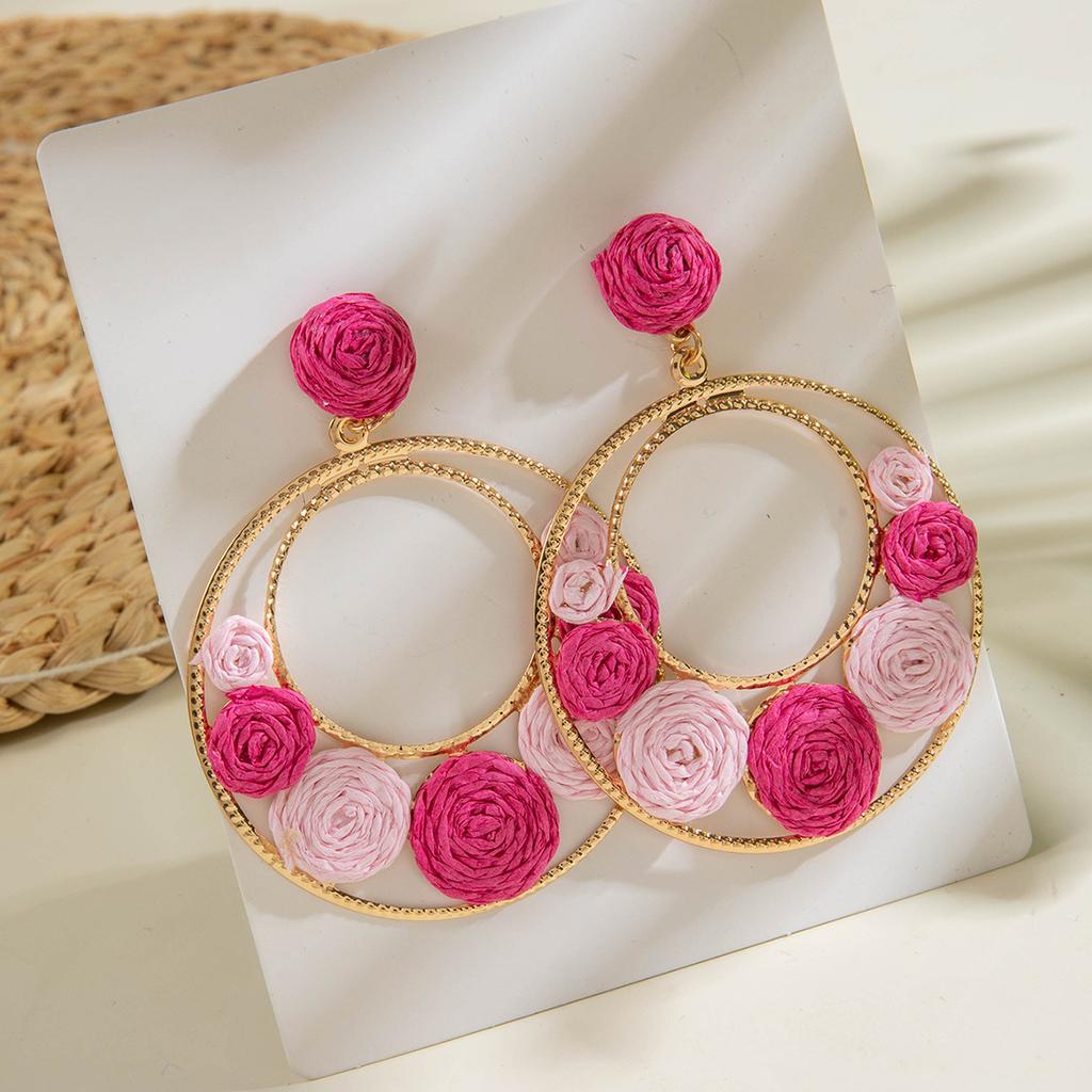 Summer hand-woven raffia stud earrings women's sweet temperament earrings pastoral atmosphere flower earrings
