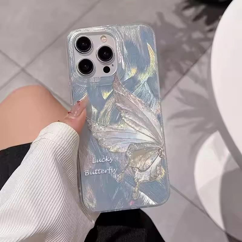 For iPhone 14 13 15 16 Pro Max Case Luxury Laser Silver Butterfly Phone Case for iPhone 16E 11 12 Pro Max XS XR 7 8 16 Plus Case