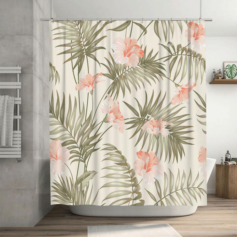 Vibrant Floral Bath Curtain Modern Bathroom Decor With Green Leaves And Pink Flowers For Home Use