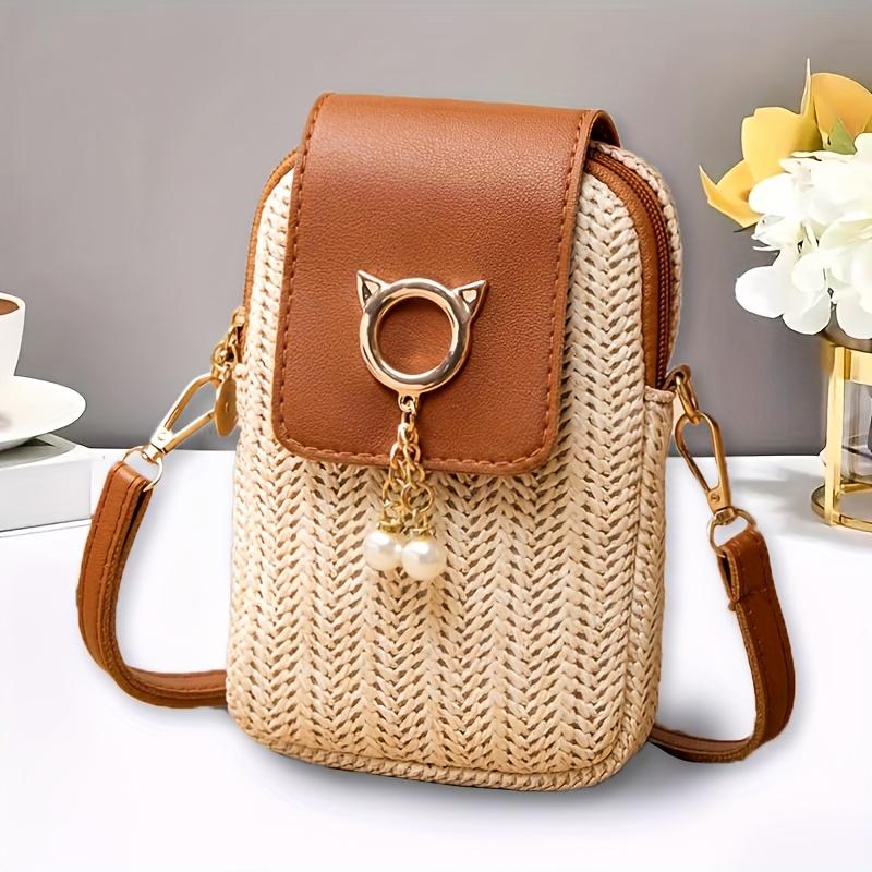 

Повседневный уличный стиль Милая мини-сумка кроссбоди для мобильного телефона с карманом для монет Тканый дизайн Регулируемый плечевой ремень для прогулок, вечеринок бежевый